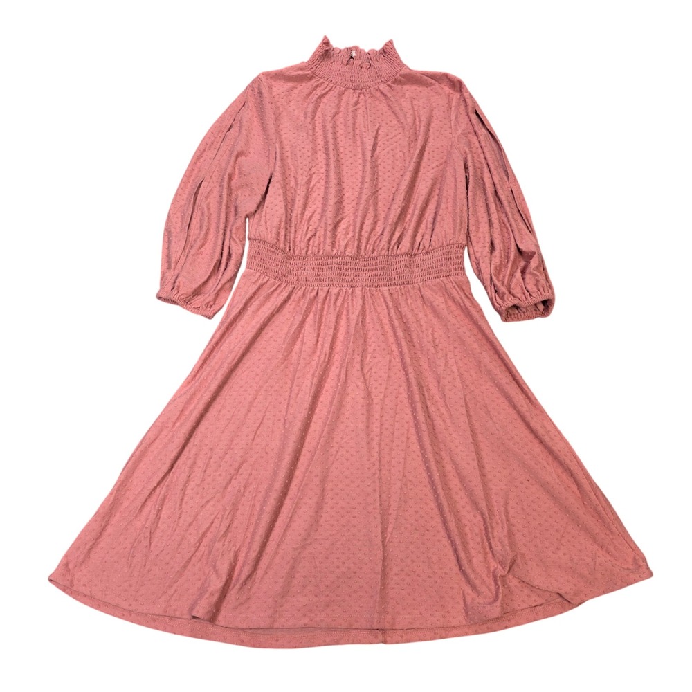 Cato EST. 1946 Swiss Dot Midi Dress Women's Size M Mauve Pink Smocked Mock Neck